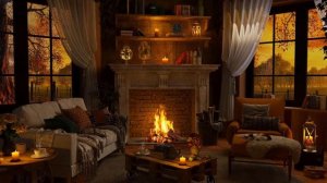 Autumn Evening : A Rainy Mood Thunder Crackling Fireplace Sounds and Piano Music