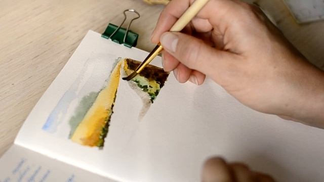 Миниатюрный пейзаж акварелью в скетчбуке. Процесс рисования.