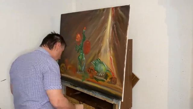 Натюрморт маслом на холсте; цветы, овощи, фрукты( 1-этап).