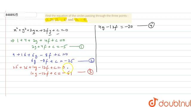Find the equation of the circles passing through the three points : `(1, 2), (3, -4) and (5, -6)` смотреть онлайн