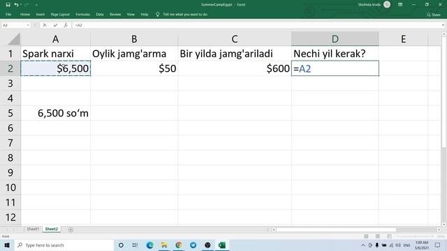 Microsoft Excel Darslari Amaliy Misollar Bilan - Spark Olish Uchun Nechi Yil Pul Yig'ish Kerak?