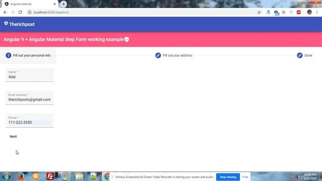 Angular 9 + Angular Material Step Form working example
