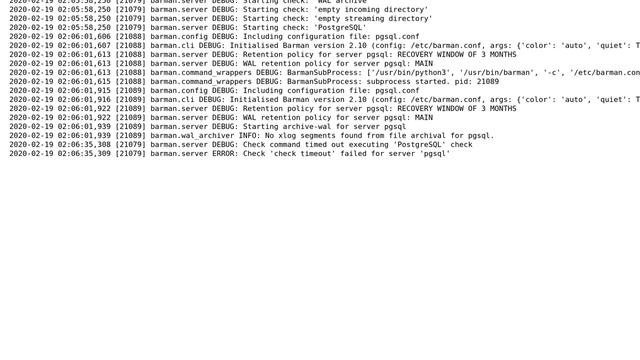 Databases: barman & Dockerized PostgreSQL: check timeout: FAILED (barman check command timed out) смотреть онлайн