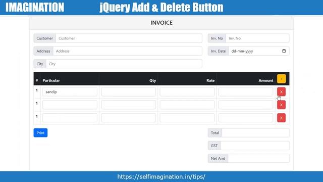 How to add delete button in jQuery | table row add jQuery | table row remove in jQuery
