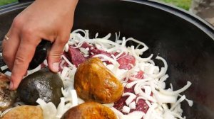 МЯСО НА КАМНЯХ В КАЗАНЕ НА КОСТРЕ