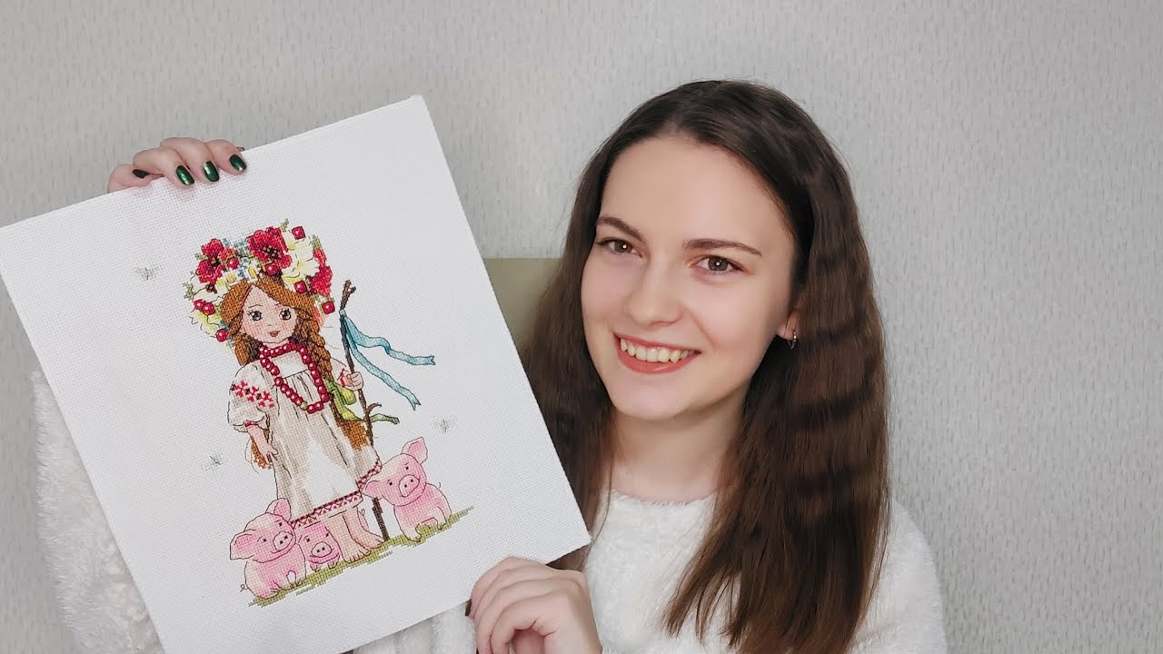 AliExpress вышивка крестом  Девочка и поросята - Пастушка с хрюшками. Обзор готовой работы