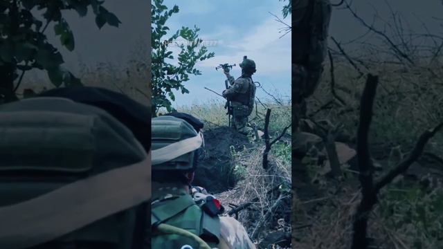 Launching a drone with an F1 grenade. Ukrainian soldier