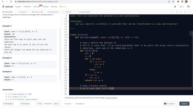 Leetcode 410. Split Array Largest Sum - binary search detailed analysis