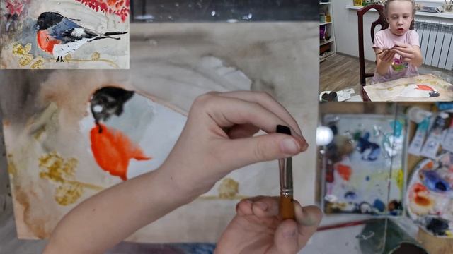 Урок рисования для детей. Акварель. Снегирь. 4k смотреть онлайн