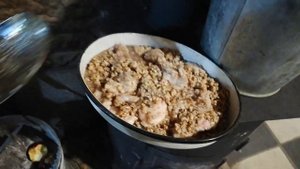 Очередная каша для гаражных собак. Собакам тоже необходимо зимой теплую пищу.