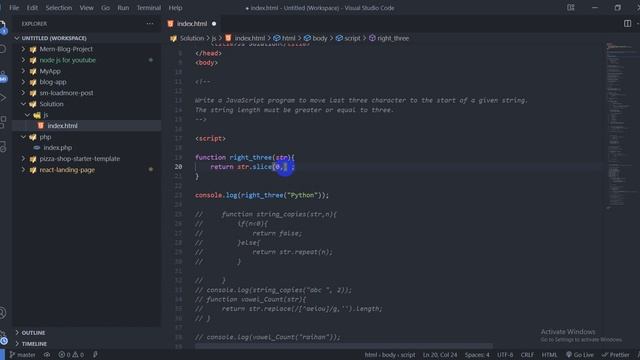 JavaScript - Exercises, Practice, Solution [ 20 ] last three character to the start