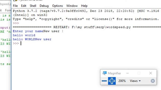 How to write /print "hello world " in python (with name as input and comments)