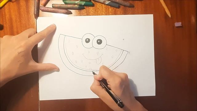 Как нарисовать арбуз с глазками. Картинка раскраска.