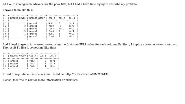 "Merging" grouped rows (column-wise, picking the first non-null value, ordered by another column) смотреть онлайн