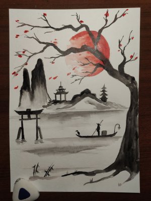 Японская живопись. Работа акварелью.