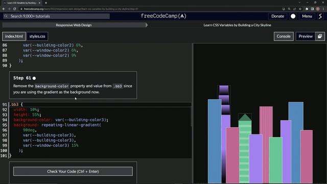 Learn CSS | FreeCodeCamp Learn CSS Variables by Building a City Skyline - Step 61