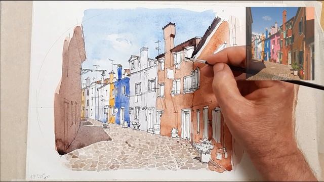 Рисуем городской пейзаж акварелью .We draw the city landscape with watercolors from the photo.