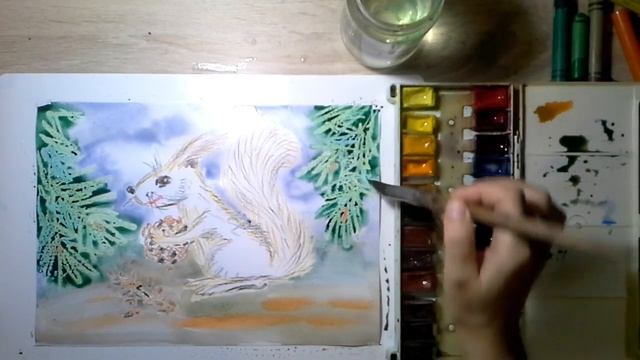 Научиться рисовать белку с шишкой акварелью. Часть2
