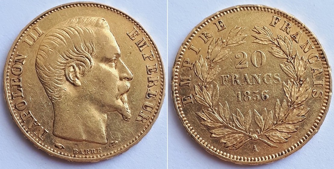 Монета Французской Империи 20 франков 1856, Наполеон III.