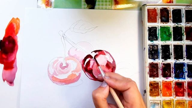Как нарисовать вишню. Уроки рисования. смотреть онлайн