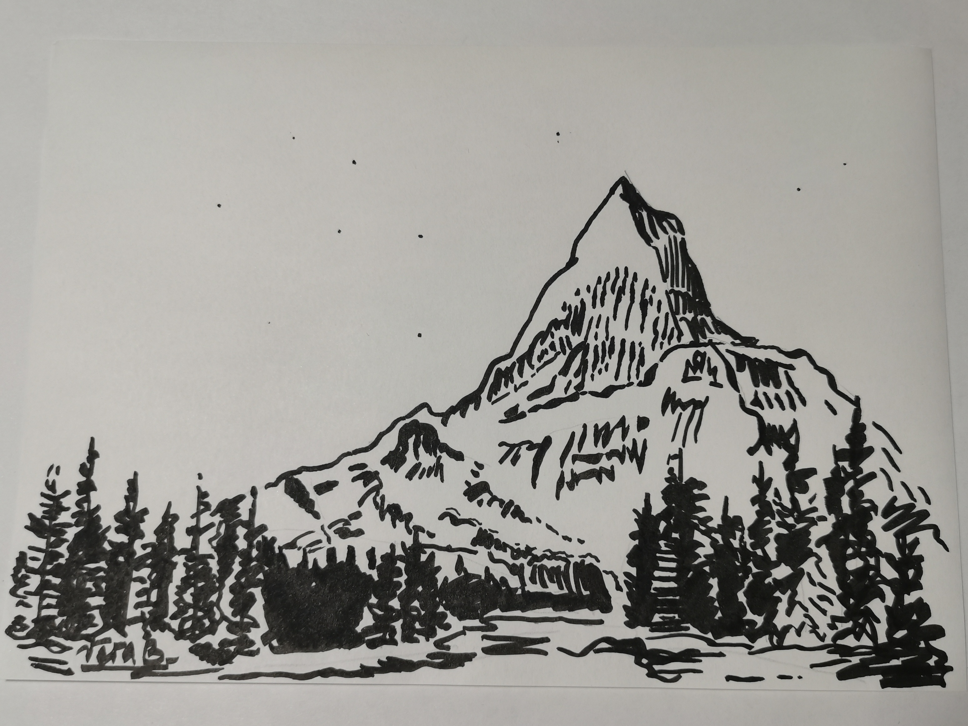 Горы и лес || Рисунок одним линером || Пошаговое объяснение