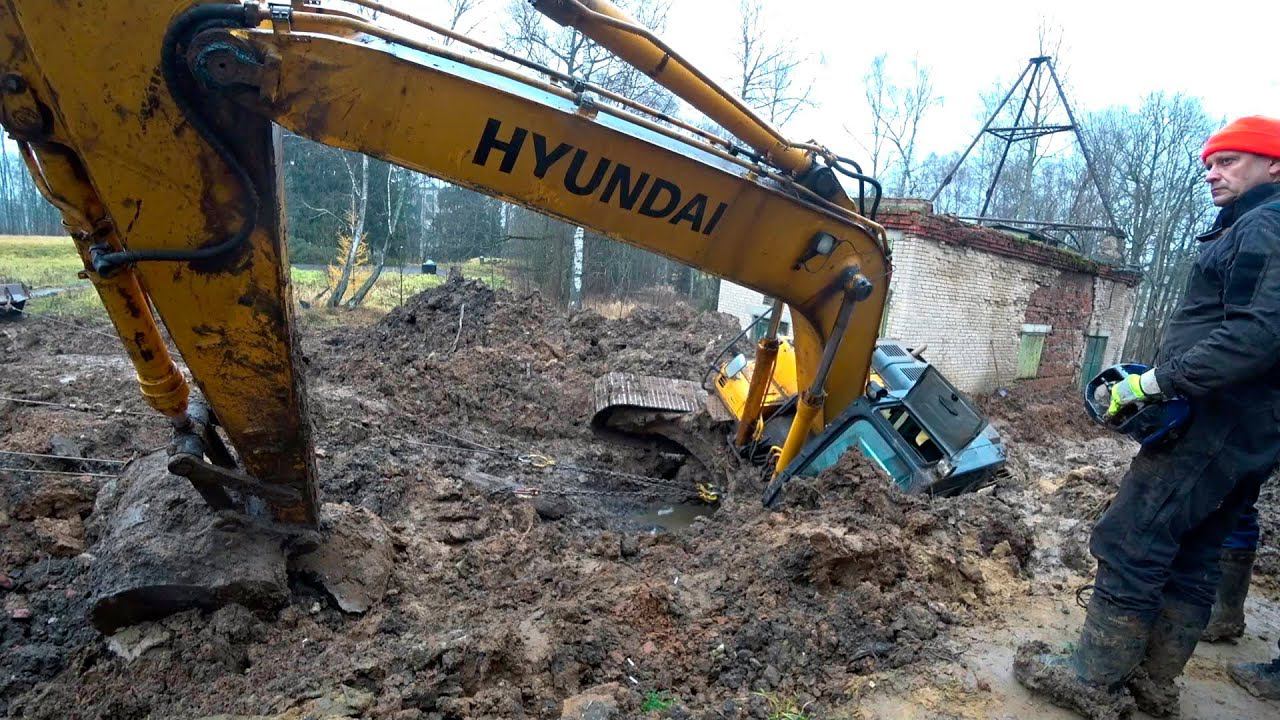 Вольво без Камаза никуда. Вытаскивание экскаватора весом 25 тонн. смотреть онлайн