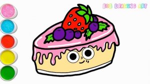 HOW TO DRAWING AND COLORING CAKE WITH STRAWBERRY AND BLUEBERRY | TUTORIAL DRAWING CAKE STRAWBERRY