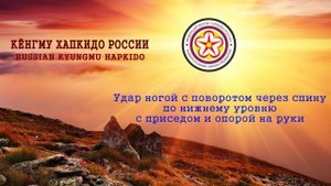 Удар ногой с поворотом через спину по нижнему уровню с приседом и опорой на руки. (Базовый вариант)