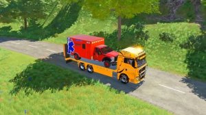 TRANSPORTING MIXER TRUCK, LANDROVER, FORD AMBULANCE, POLICE CARS TO GARAGE WITH MAN TRUCK - FS22