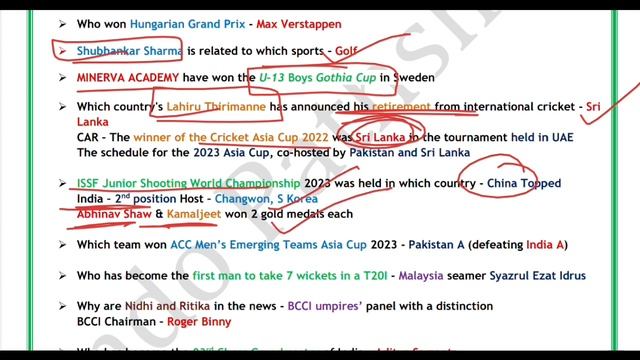 Sports Current Affairs 2023 | Khel Current affairs 2024 | Last 12 months current affairs 2023