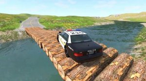 Автомобили против маленького моста упавших деревьев BeamNG Drive
