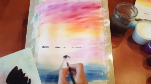 Легкий интересный пейзаж гуашью "Рассвет"