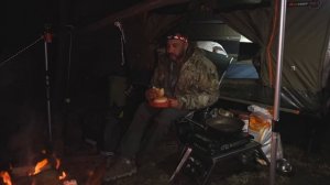 CAMPING in RAIN - Elevated TENT - Fire pit -  dog