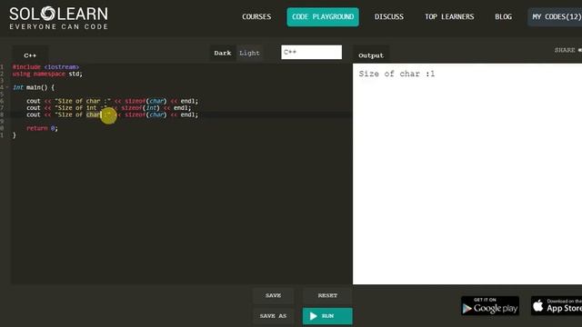 02. C++ Tutorial, Data types, Solo Learn, Code Playground