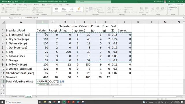 Application | Linear Programming | Problem Solving | MS Excel | Optimization | Diet & Nutrition