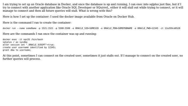 Why is OracleDB locking up in Docker?