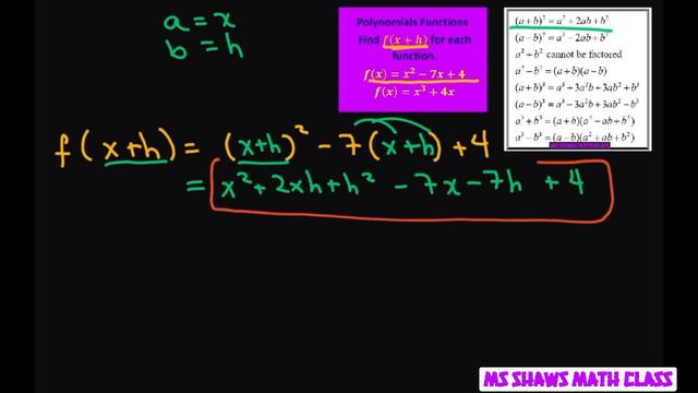 Find f(x + h) for f(x) = x^2 - 7x + 4 and f(x) = x^3 + 4x. Polynomial functions смотреть онлайн