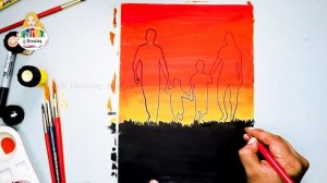 Happy Family And A Beautiful Sunset Drawing step by step Easy With poster Color || 4K