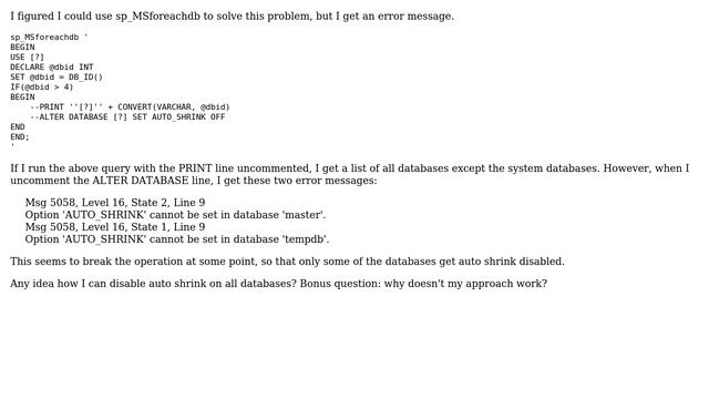 Databases: Turning off auto shrink on all SQL Server databases. Why doesn't this work? смотреть онлайн