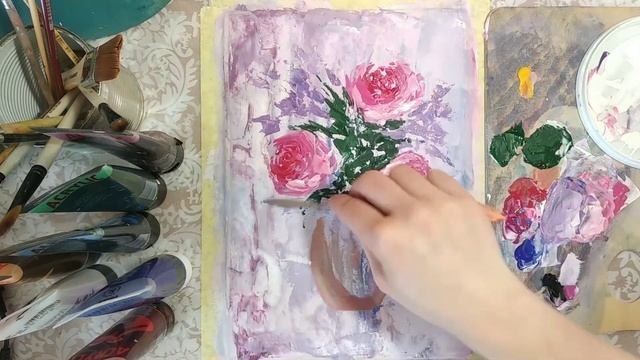 Урок рисования акрилом| Картина с ? Acrylic painting lesson | Painting with roses. смотреть онлайн