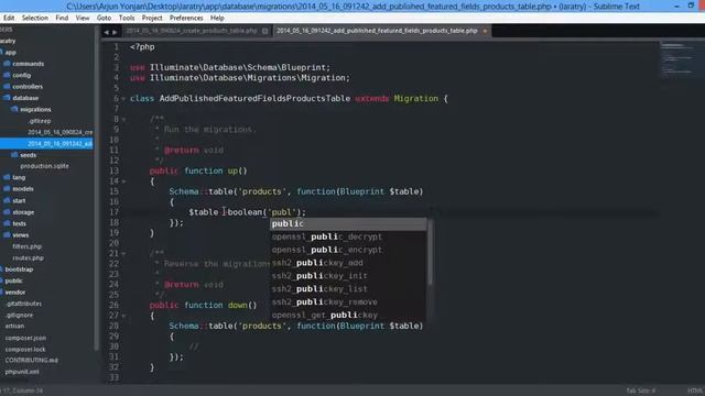 laravel 4 migration   update products table, add published, featured fields   after, dropColumn