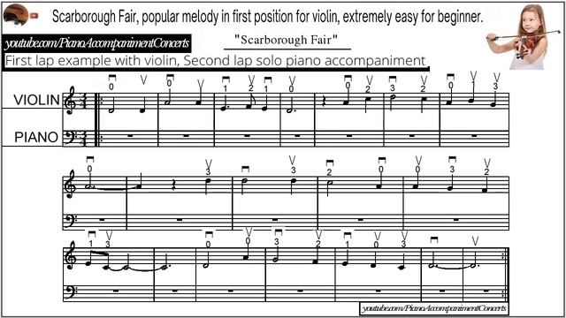Violín melody in first position with piano accompaniment no.  9  Scarborough Fair