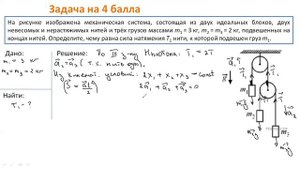На рисунке изображена система, состоящая из двух блоков, двух нерастяжимых нитей и трёх грузов...