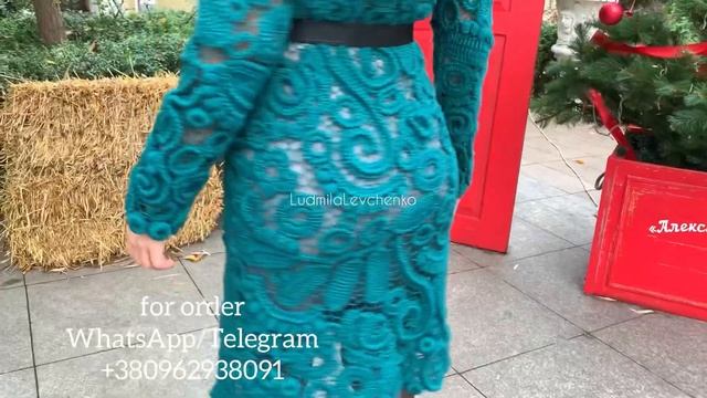 Изумрудное платье , вязаное крючком платье , осеннее платье