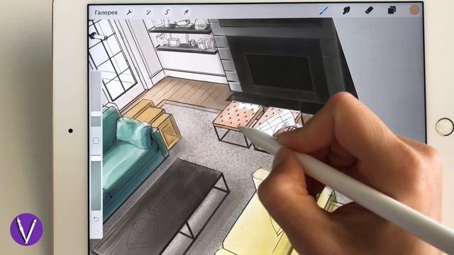 ✨Как нарисовать интерьер комнаты в перспективе поэтапно в Procreate  ✨ Рисуем гостиную туториал/уро