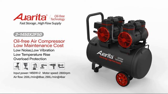 Auarita china Oil free Air Compressor 4HP(1450W*2), 12Gal(50L), 7CFM@116Psi(200L/min@8bar,)