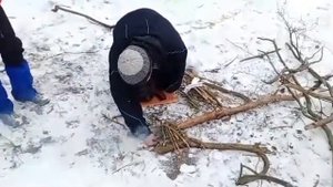 Разжигание костра в зимнем лесу с помощью бумаги