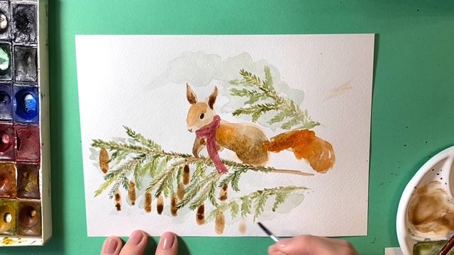 Новогодний рисунок акварелью. Белочка собирает шишки смотреть онлайн