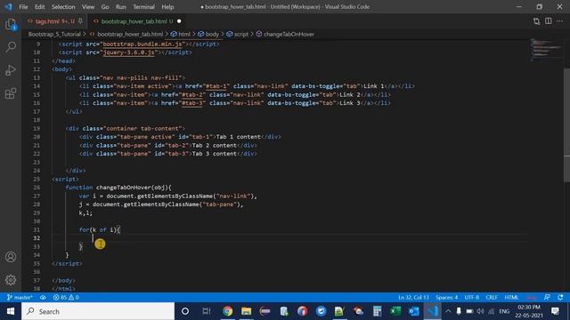 Create HTML navigation tab with hover effect using Bootstrap 5 and JavaScript