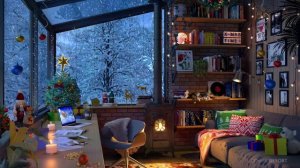 Christmas Study Room in Winter with Relaxing Snow and Fireplace Sounds   Study Room Ambience